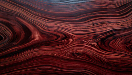 Obraz premium Luxurious rosewood texture featuring bold, swirling grain patterns in deep burgundy and dark chocolate hues, enhanced by a slightly glossy finish, showcasing the richness and elegance of fine wood