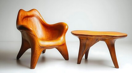Organic wood chair and side table set against a white background; home decor