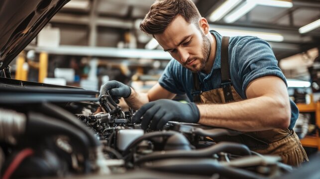 A focused portrait of a mechanic inspecting an engine in an automotive repair shop, Automotive repair scene, Diagnostic and mechanical style