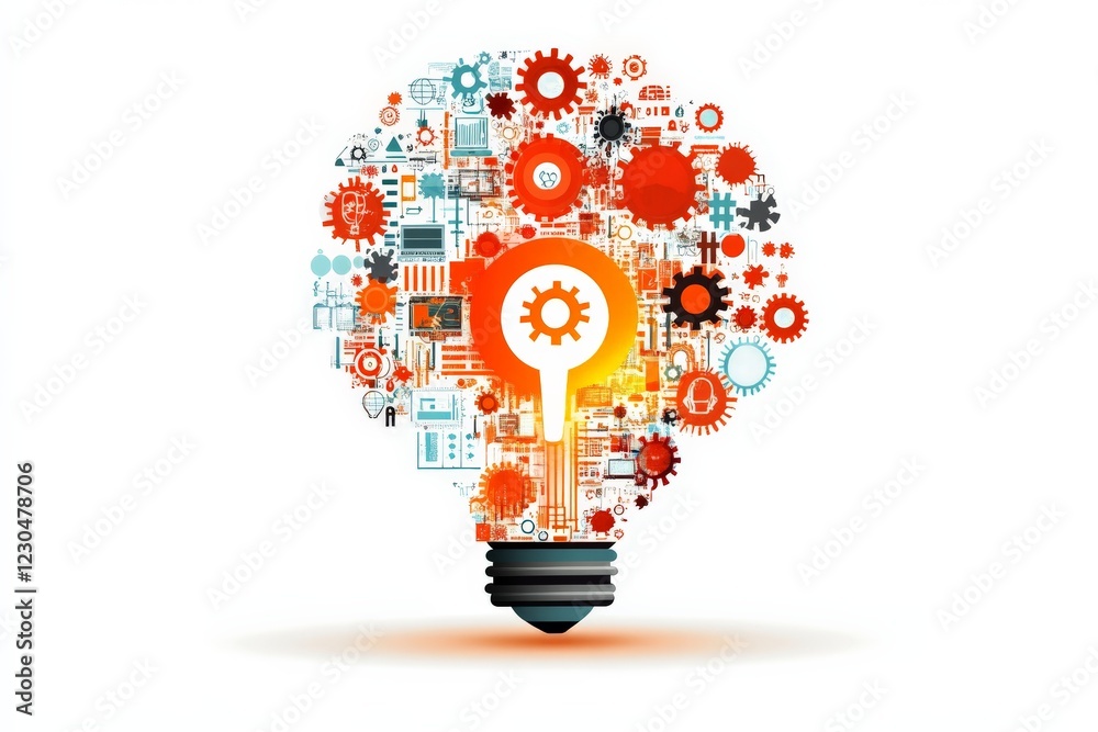 Poster creative concept of innovation represented by light bulb filled with colorful gears and technology i