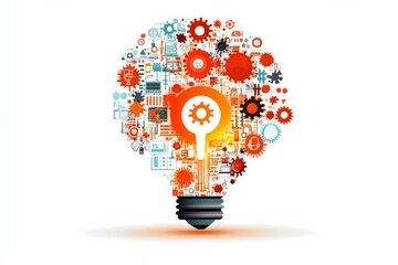 Creative concept of innovation represented by light bulb filled with colorful gears and technology icons amid a bright background