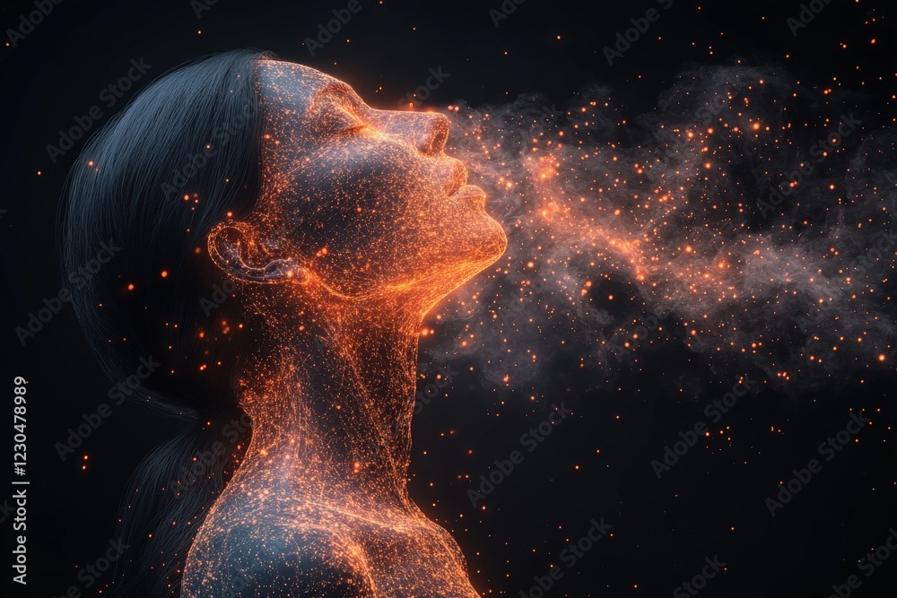 Poster creative representation of a person exhaling colorful particles against a dark background in a surre
