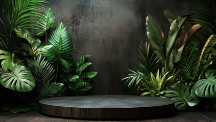 Lush Tropical Green Paradise: Dark Concrete Background, Circular Wooden Platform, Perfect for Product Display