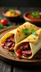 Layered lavash wrapped around juicy meat strips, savory, traditionalcuisine, dishes