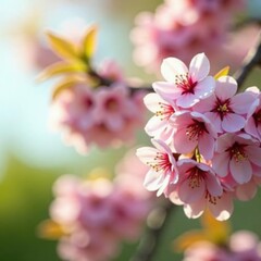 Fototapeta premium Light green foliage with clusters of pink cherry blossoms, nature, branch