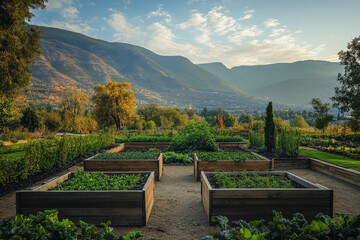 Fototapeta premium Community garden thriving in the mountains during late afternoon sunlight