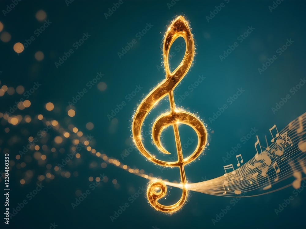 Fototapete a gold treble clef on a black background.single music note design element on dark background.golden 
