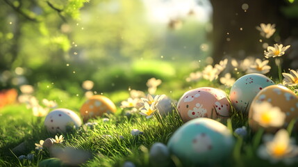 Happy Orthodox Easter, background with cute eggs, colorful festive decorations,traditional symbols, spring flowers, joyful holiday vibes, and a cheerful atmosphere for a beautiful gorgeous celebration