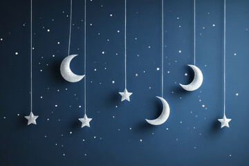 A mock-up featuring a dark blue-gray wall adorned with a silver moon, stars, and dots hanging on thread, creating a minimal and clean atmosphere for a children party or a child bedroom
