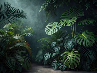 Dark wall and composition of tropical plants with large leaves