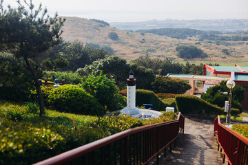Udo Island, Jeju Island province, South Korea, Jeju-do, panoramic aerial view of coastline sea landscape in a sunny day, U-do Island, Soseom cow island, Jeju-si