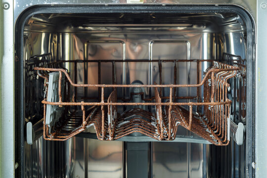 Rusted dish rack inside an old dishwasher, showing severe corrosion and wear. Aged appliance in need of maintenance and repair.
