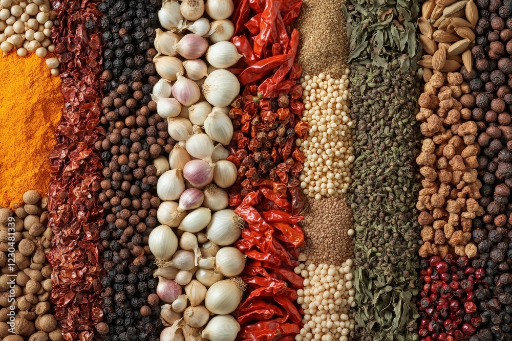 Poster Vibrant display of spices arranged in neat rows at a market showcasing diverse culinary ingredients