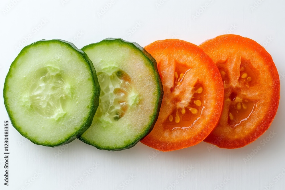 Poster Freshly sliced cucumber and tomato arranged on a clean white surface in a cheerful display of colors
