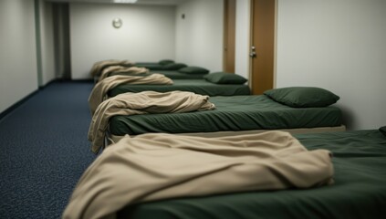Empty Dormitory Room, Rows of Unmade Beds in a Long Hall