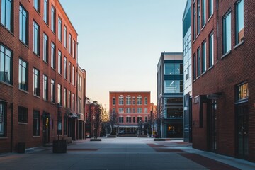 As the sun begins to set, I find myself wandering through a serene urban alleyway. Surrounded by contemporary buildings, the warm glow casts a beautiful hue over this vibrant city center.