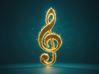 A gold treble clef on a black background.Single Music Note Design Element on Dark Background.Golden Music Notes and Treble Clef Floating Against Dark Background.