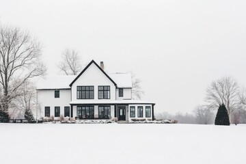 Naklejka premium Classic white farmhouse stands against a snowy landscape surrounded by trees during winter season, showcasing tranquil rural beauty and peaceful solitude