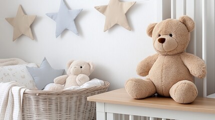 Pastel blue and beige bunting adorns a bright nursery wall, with a wooden table holding a baby basket and a teddy bear for warmth