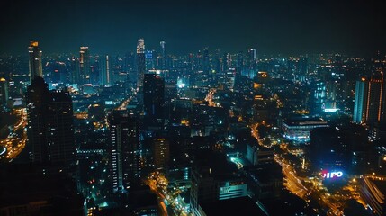 Obraz premium Initial public offering hologram, night panoramic city view of Bangkok. The financial center for multinational corporations in Asia. The concept of boosting the growth by IPO process. Double exposure.