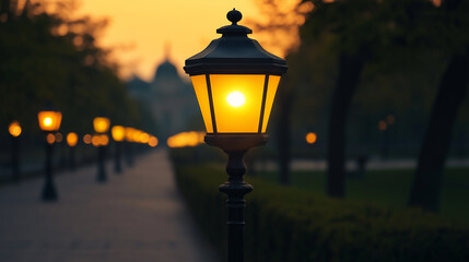 Vintage-style glowing street lamp with a row of softly lit lanterns in a beautiful city park at sunset, warm ambiance for urban evening atmosphere and nostalgia