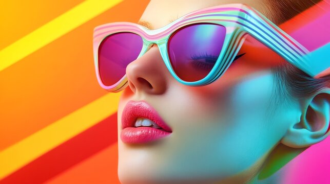 Vibrant Woman with Colorful Striped Sunglasses: A Summer Fashion Portrait