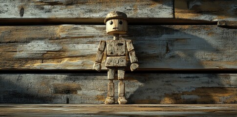 Wooden Robot Stands Against Weathered Wooden Boards