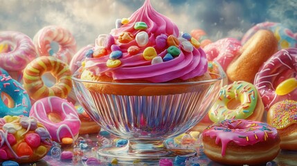 Colorful donuts and cupcake dessert, sweet treats, sugary background, food photography, for website or recipe