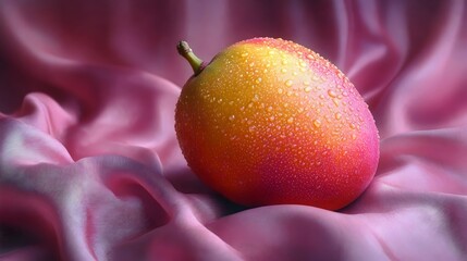 A single, ripe, red and yellow apple sits on a pink cloth