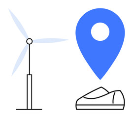 Wind turbine beside blue GPS location pin and black shoe. Ideal for sustainability, travel, technology, renewable energy, transportation, green initiatives, environmental awareness. Line metaphor