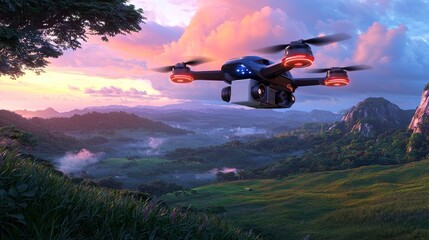 Fototapeta premium Futuristic Drone Flying Over Lush Green Landscape at Sunset