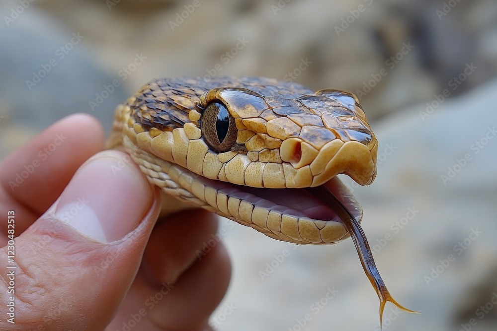 Poster Hand holds a close-up of a unique snake's head in a natural setting showcasing intricate patterns and colors