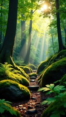 Sunlit forest with moss-covered boulders and ferns, leafy, ferns