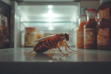 Cockroach exploring a refrigerator during night hours in a domestic kitchen environment