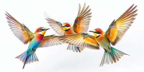 Fototapeta premium Three Birds in Flight, White Background, Low Light Photography