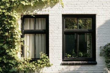 Two elegant black-framed windows adorned with green ivy on a white brick wall capture natural light in a serene outdoor setting during daytime