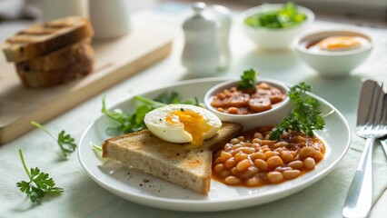 Tilt-Shift English Breakfast: Boiled Egg, Beans, Toast, Herbs - Top View Flat Lay