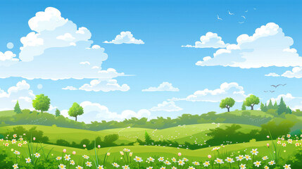 vibrant landscape featuring lush green hills, colorful flowers, and bright blue sky filled with fluffy clouds. This serene scene evokes sense of peace and tranquility