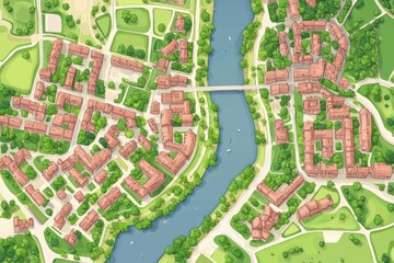 City layout featuring residential areas, a river, and green spaces in a vibrant illustrated style