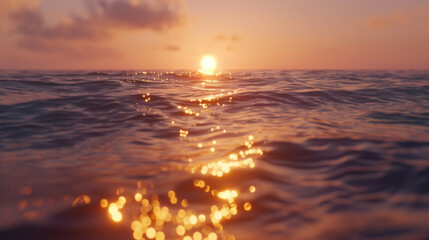 Obraz premium serene sunset over calm ocean waters, reflecting golden light and creating tranquil atmosphere. gentle waves enhance peaceful scene