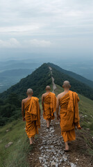 Obraz premium The Path of Enlightenment: Four Buddhist monks, clad in vibrant saffron robes, trek along a winding mountain path, their silhouettes casting long shadows against the misty backdrop.