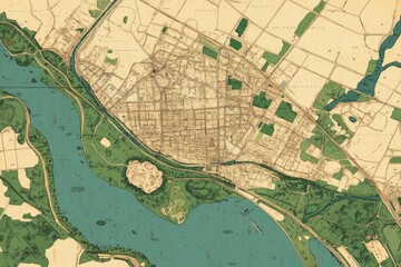 Fototapeta premium Historical map of a river town surrounded by lush fields and waterways illustrations