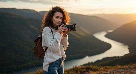Obraz premium A young female travel photographer with curly brown hair and blue eyes, standing on a scenic hilltop during golden hour