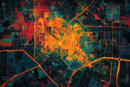 Urban heat map showcasing temperature variations across the city at night