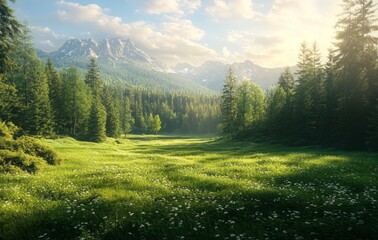 Fototapeta premium Serene green meadow surrounded by tall trees and majestic mountains basking in warm sunlight during golden hour