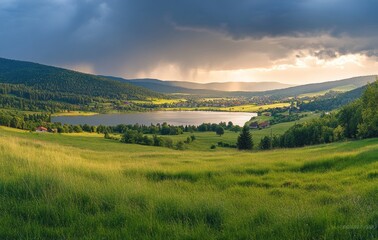 Obraz premium Dramatic landscape featuring a tranquil lake surrounded by lush hills under an expansive sky at sunset with approaching storm clouds