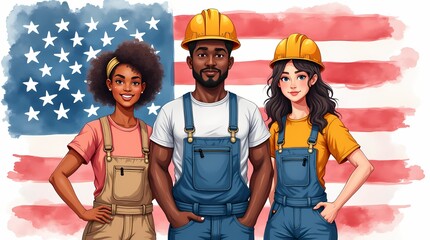  illustration features three diverse individuals standing confidently in front of a backdrop of the American flag. 