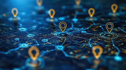 Global network map with location pins showing connections and data flow.