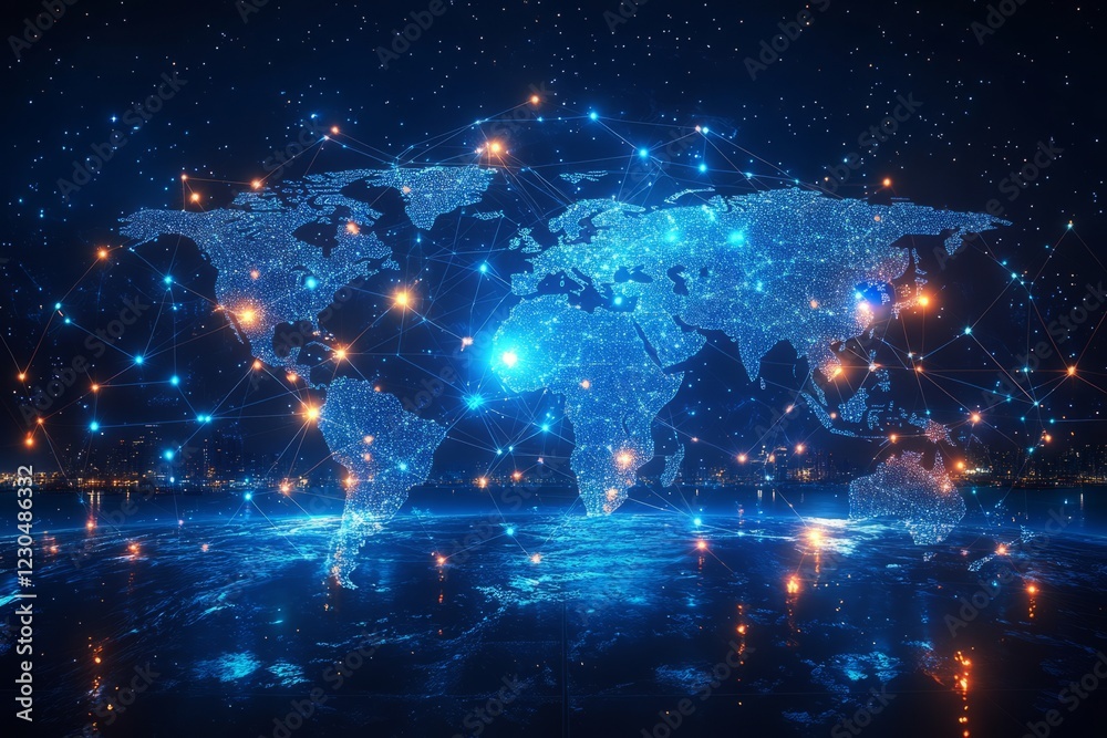 Poster global network connection, illuminated world map with glowing lines and nodes.