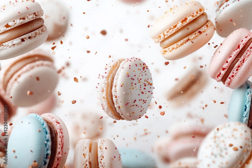 Poster colorful macarons floating in the air with sprinkles for a whimsical dessert display